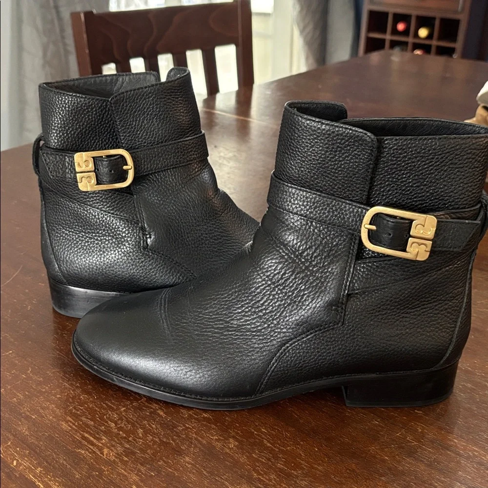 Tory‎ Burch Brooke Ankle Boots with Gold Buckle - Tumbled Black